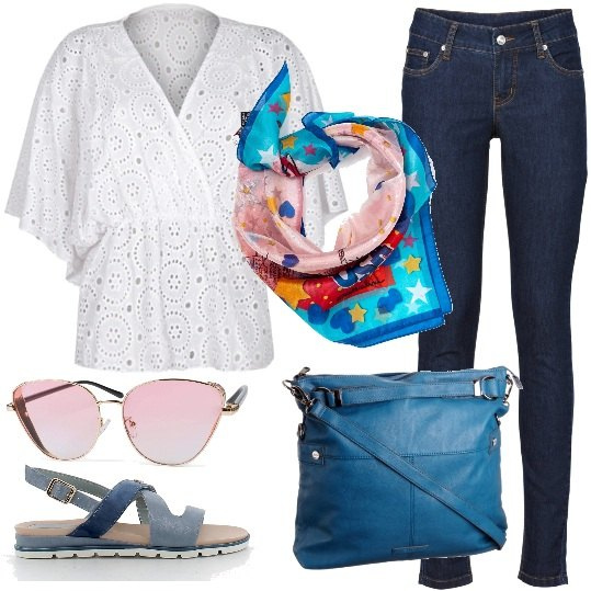Outfit donna - Foulard. Stile Casual chic per Tutti i giorni. Abbinamento con jeans skinny, top, foulard, sandali, borse a tracolla, occhiali da sole.