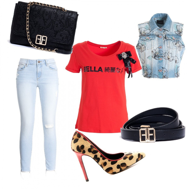 Outfit donna - Fracomina Style. Stile Casual per Serata fuori. look ideale per Petite. Abbinamento con décolleté, t-shirt, jeans, gilet, clutch, cinture.