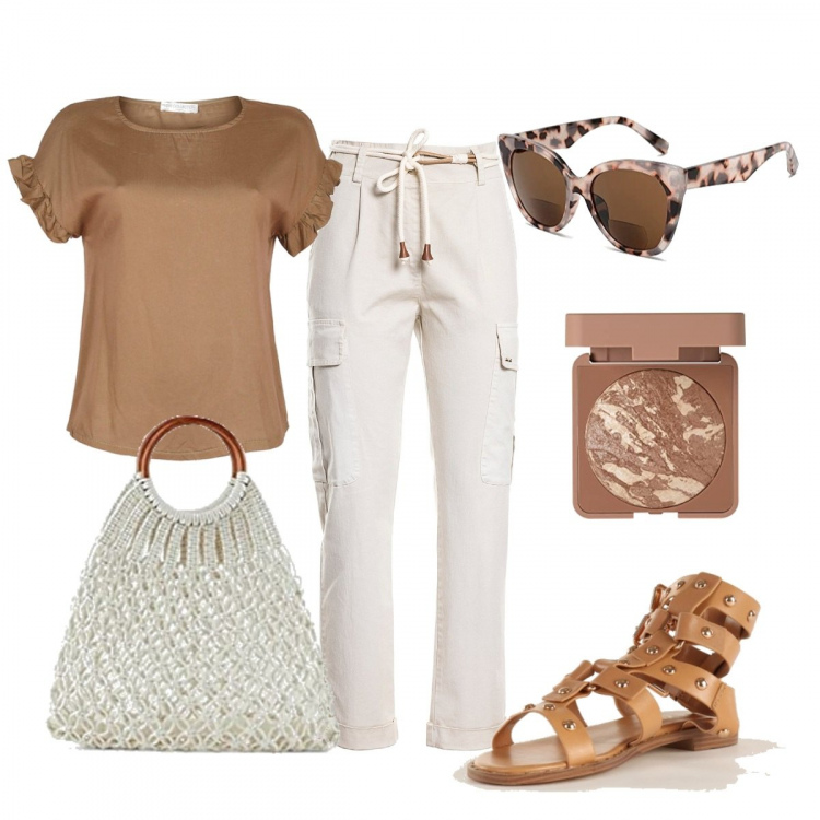 Outfit donna - Basic..ma non troppo. Stile Trendy per Tutti i giorni. Abbinamento con bluse, pantaloni cargo, sandali alla schiava, borse a mano, occhiali da sole, terre.