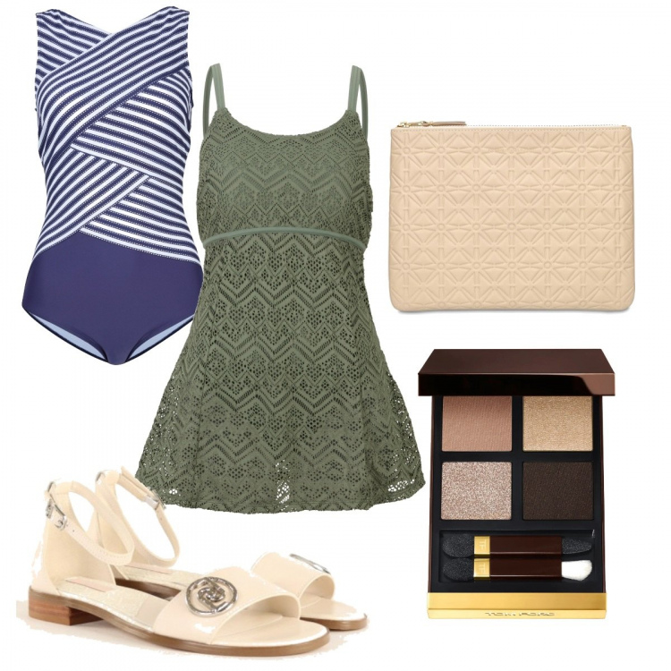 Outfit donna - Total look #1395368. Stile Casual per Mare. Abbinamento con costumi interi, vestiti da spiaggia, sandali in pelle, ombretti, pochette.