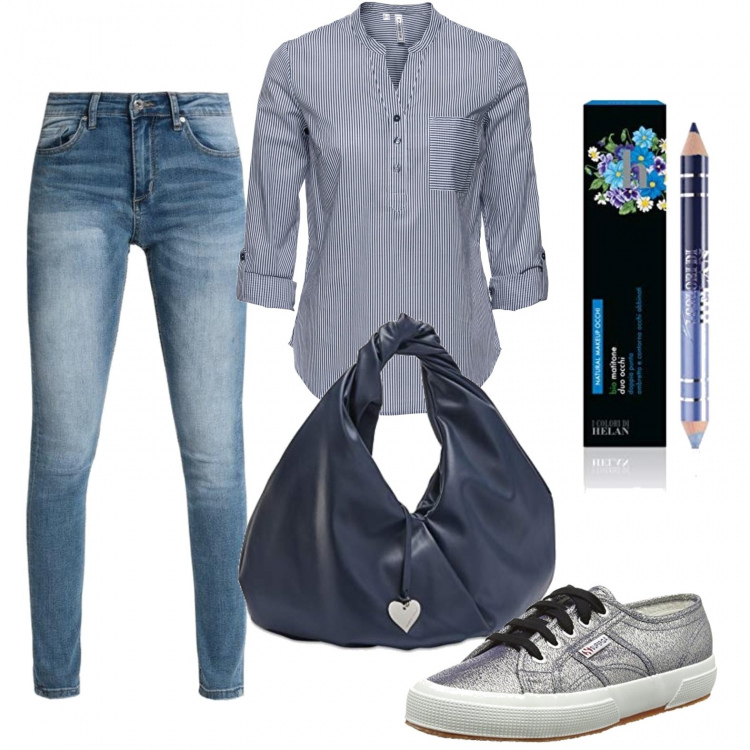Outfit donna - Jeans slim slavati. Stile Basic per Tutti i giorni. Abbinamento con tuniche, jeans slim fit, borse tote, ombretti, sneakers.