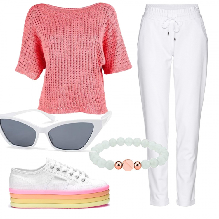Outfit donna - Total look #1395508. Abbinamento con pantaloni, maglieria, sneakers, braccialetti, occhiali da sole.