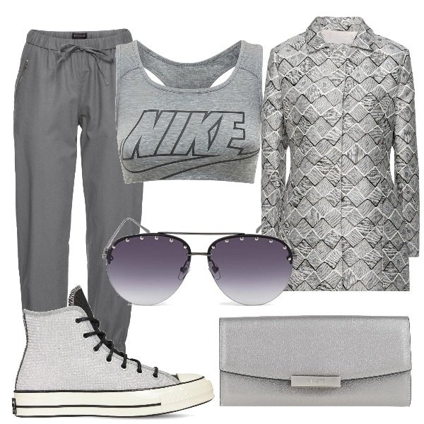 Outfit donna - In giro per mercatini. Stile Casual chic per Tutti i giorni. Abbinamento con pantaloni, cappotti, borse a mano, sneakers, top, occhiali da sole.