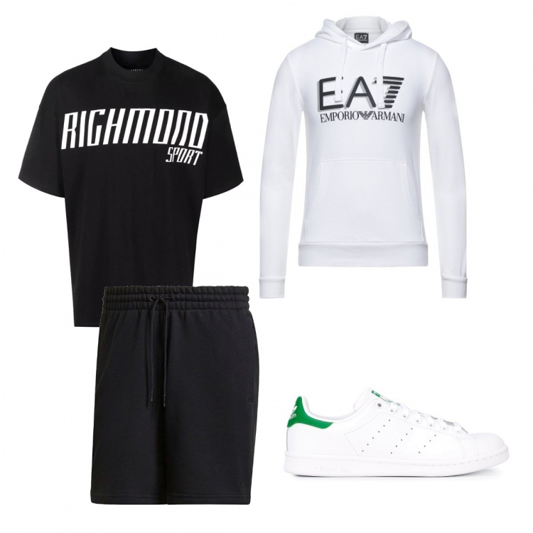 Outfit uomo - In Piazza con gli amici. Stile Casual per Tutti i giorni. Abbinamento con t-shirt, shorts, sneakers, felpe con cappuccio.