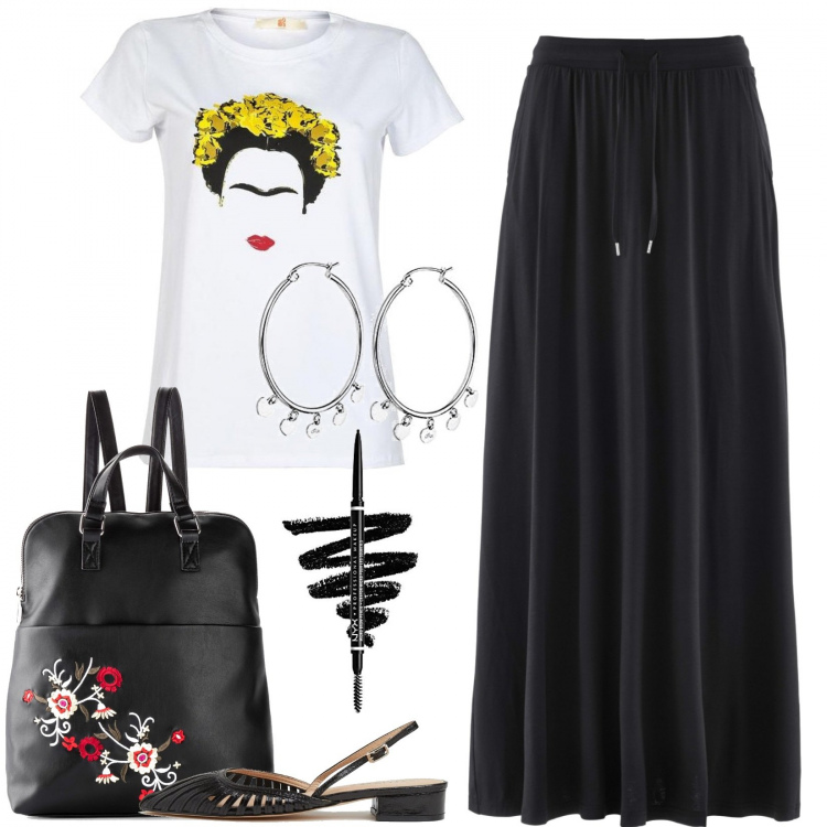 Outfit donna - Frida. Stile Basic per Tutti i giorni. Abbinamento con gonne, zaini, t-shirt, sandali, matite sopracciglia, orecchini.