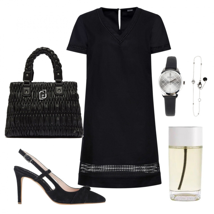 Outfit donna - Classicamente nero. Stile Bon Ton per Serata fuori. Abbinamento con vestiti, décolleté, orologi, borse a mano, profumi.