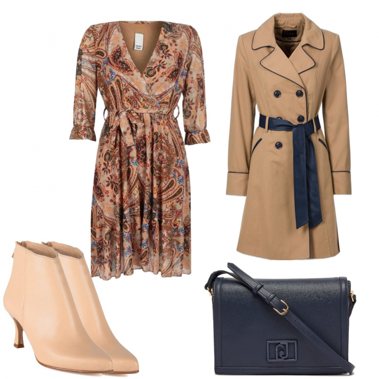 Outfit donna - Primi temporali. Stile Bon Ton per Ufficio. Abbinamento con trench, vestiti, stivaletti, borse a tracolla.