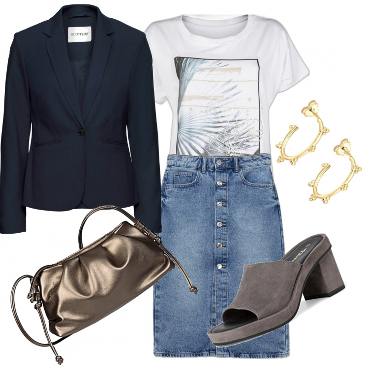 Outfit donna - I tacchi in camoscio. Stile Casual chic per Serata fuori. Abbinamento con blazer, t-shirt, gonne longuette, borse a tracolla, mocassini, orecchini.