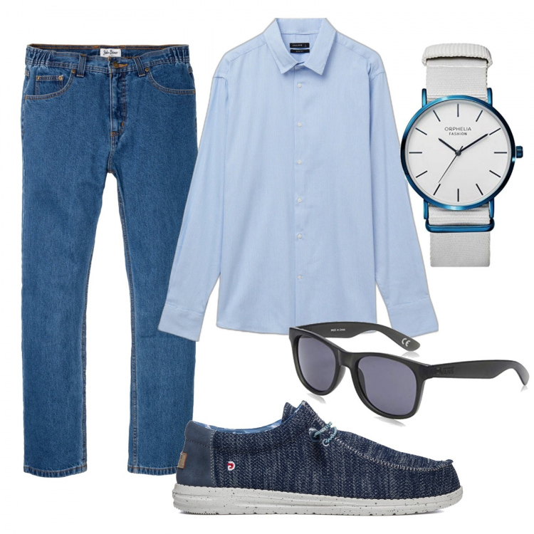 Outfit uomo - Casual con la camicia. Stile Casual per Serata speciale. Abbinamento con jeans dritti, camicie, scarpe stringate, occhiali da sole, orologi analogici.