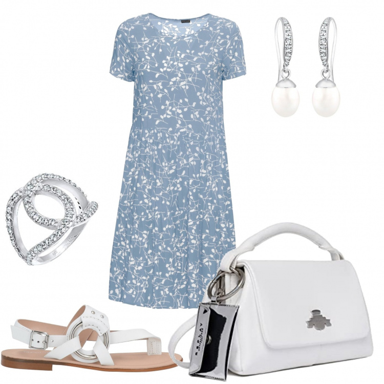 Outfit donna - Vestitino celeste e fiori bianchi. Stile Bon Ton per Tutti i giorni. Abbinamento con vestiti, infradito, anelli, borse a spalla, orecchini.