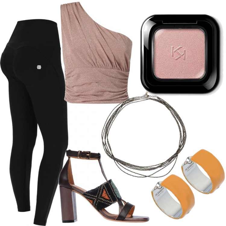 Outfit donna - Total look #1396398. Stile Trendy per Serata fuori. Abbinamento con sandali gioiello, collane, pantaloni skinny, top, ombretti, orecchini.