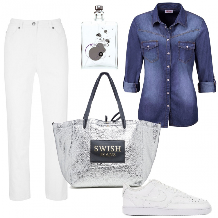 Outfit donna - Shopper silver. Stile Basic per Scuola/Università. Abbinamento con camicie, pantaloni, sneakers, borse a spalla, profumi.
