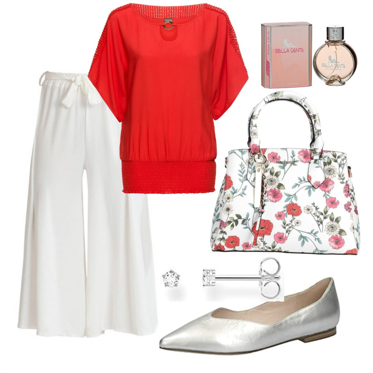 Outfit donna - Roccerosse. Stile Glamour per Ufficio. Abbinamento con bluse, borse a mano, pantaloni culotte, ballerine, orecchini, profumi.