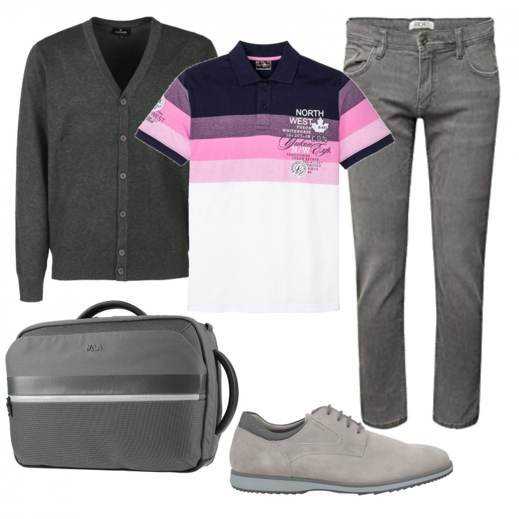 Outfit uomo - La polo multicolore. Stile Casual per Ufficio. Abbinamento con scarpe stringate, borse sportive, polo, cardigans, jeans.