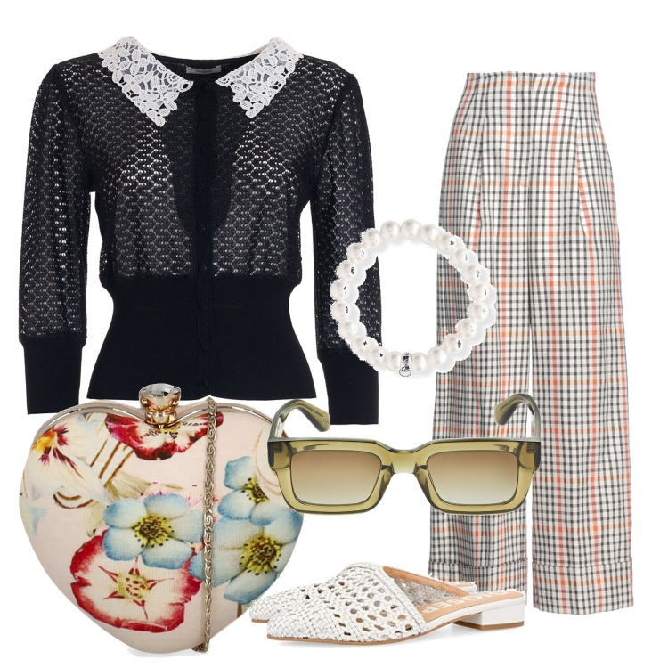 Outfit donna - Retro/Vintage. Stile Vintage retrò per Cerimonia. Abbinamento con cardigans, borse a mano, pantaloni, zoccoli, ciondoli, occhiali da sole.