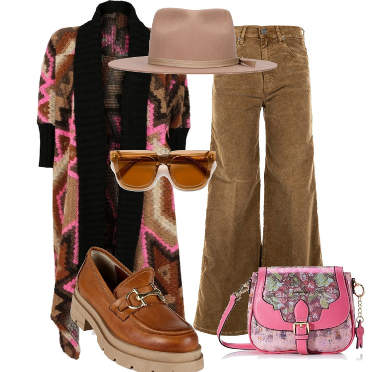 Outfit donna - Tracolla rosa. Stile Casual chic per Scuola/Università. Abbinamento con cardigans, mocassini, occhiali da sole, pantaloni, borse a tracolla, cappelli.