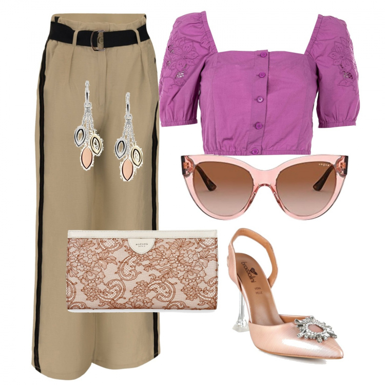 Outfit donna - Top fucsia. Stile Romantica per Serata fuori. Abbinamento con décolleté, borse a mano, top, pantaloni a palazzo, orecchini, occhiali da sole.