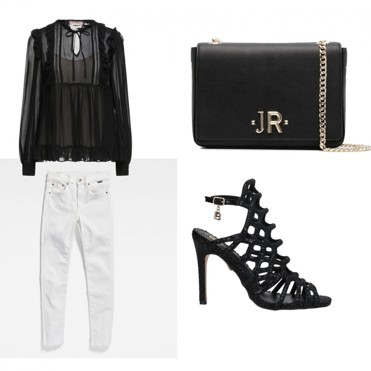 Outfit donna - Una serata fra tante. Stile Casual chic per Serata fuori. Abbinamento con bluse, sandali col tacco, borse a tracolla, jeans skinny.