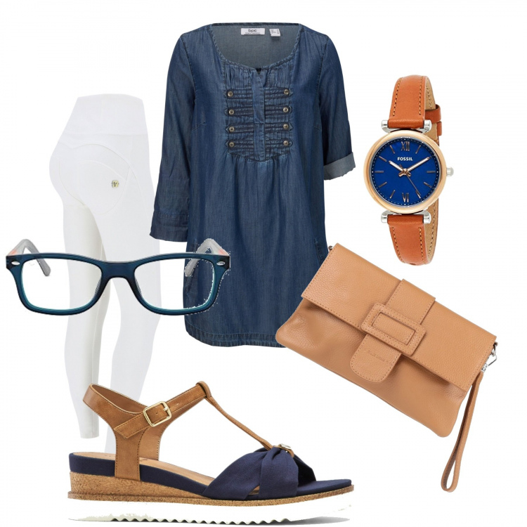 Outfit donna - Scamiciato in jeans. Stile Casual chic per Ufficio. Abbinamento con bluse, sandali, borse a mano, pantaloni skinny, occhiali da sole, orologi.