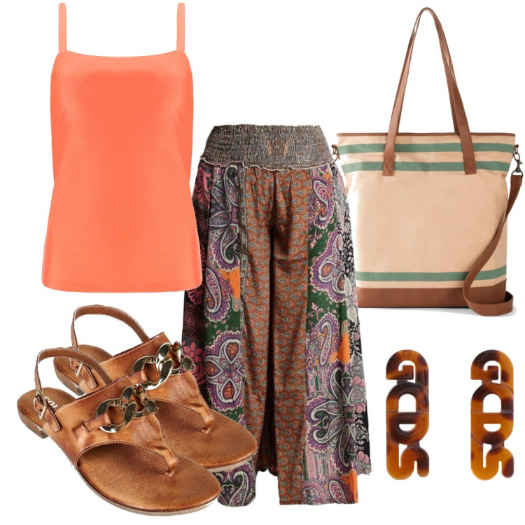 Outfit donna - Il pantalone Positano. Stile Boho per Tutti i giorni. Abbinamento con shopping bag, pantaloni culotte, infradito, orecchini, canottiere.