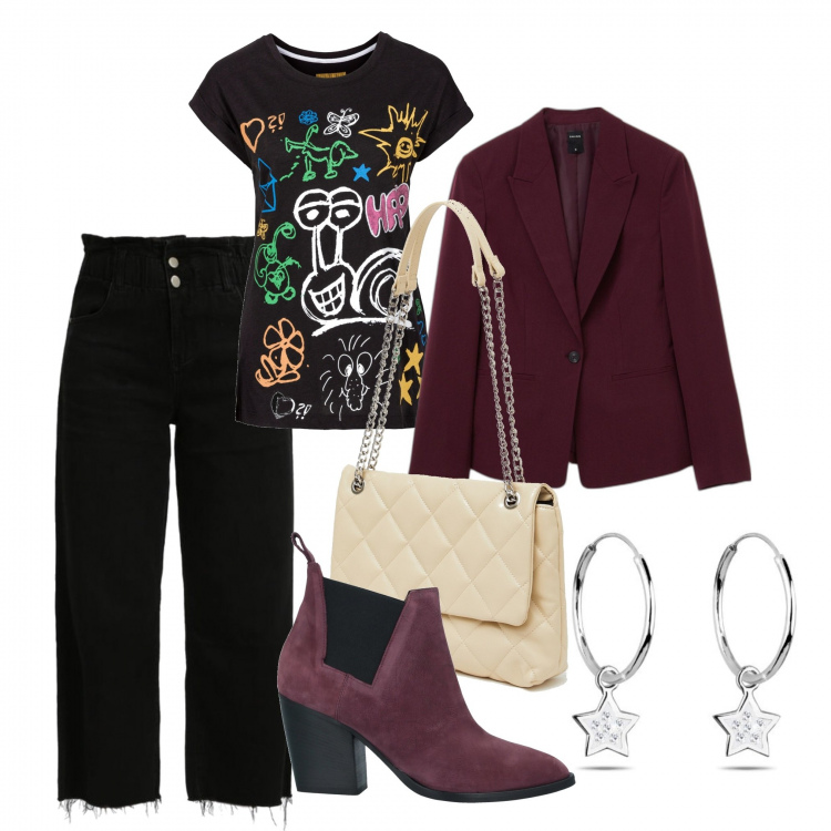 Outfit donna - Pensando ad ottobre. Stile Rock per Serata fuori. Abbinamento con t-shirt, stivaletti, jeans boyfriend, blazer, borse a spalla, orecchini.
