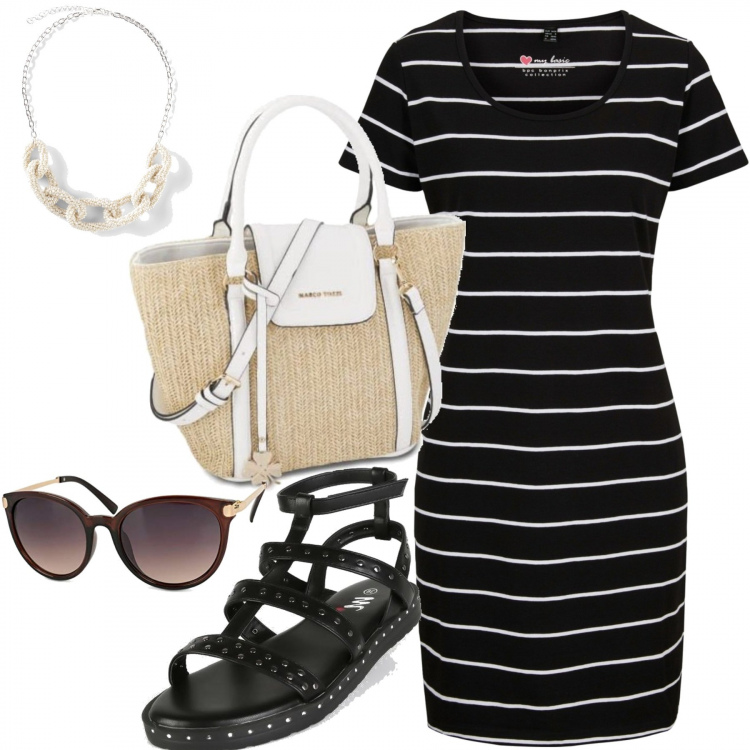 Outfit donna - Al mare. Stile Casual chic per Mare. Abbinamento con vestiti, collane, sandali alla schiava, occhiali da sole, borse a spalla.