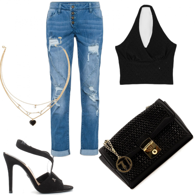 Outfit donna - Serata con il crop top. Stile Sexy per Serata fuori. Abbinamento con jeans boyfriend, borse a tracolla, top, ciondoli, sandali col tacco.
