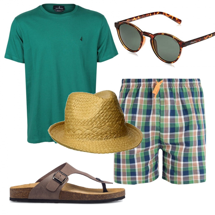 Outfit uomo - Total look #1396986. Stile Casual per Tutti i giorni. Abbinamento con bermuda, t-shirt, sandali, cappelli, occhiali da sole.