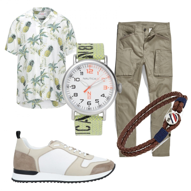 Outfit uomo - Sneakers scontatissima. Stile Trendy per Tutti i giorni. Abbinamento con pantaloni cargo, camicie a manica corta, orologi, sneakers, braccialetti.