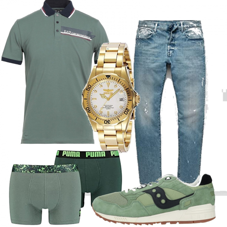 Outfit uomo - Semplice con stile. Stile Trendy per Tutti i giorni. Abbinamento con sneakers, polo, jeans, boxer, orologi.