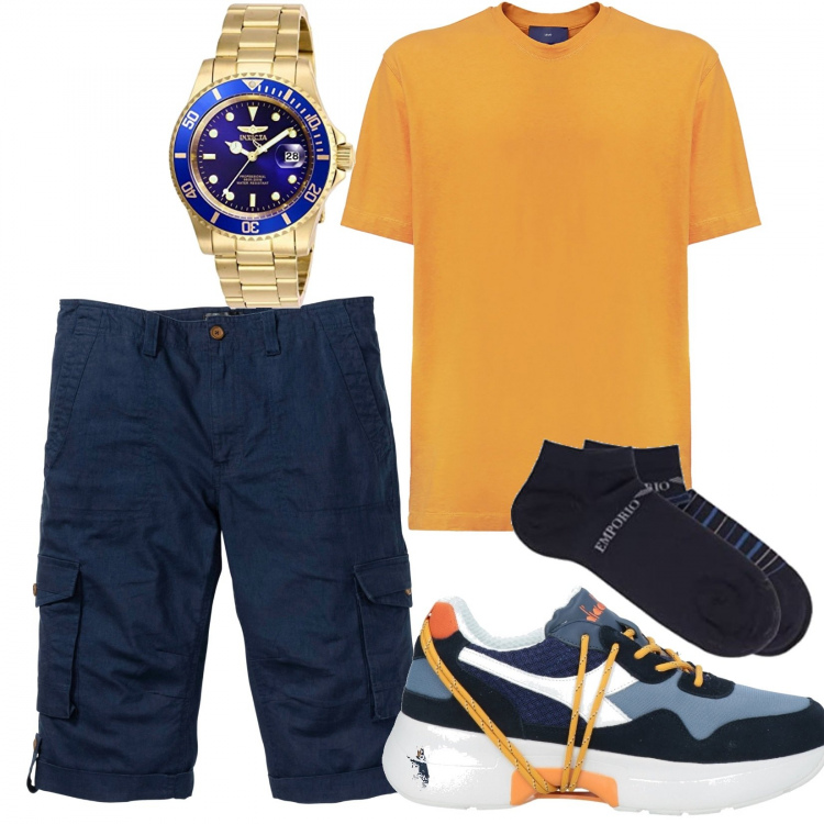 Outfit uomo - Giallo e blu. Stile Casual per Tutti i giorni. Abbinamento con bermuda, sneakers, t-shirt, calzini, orologi.