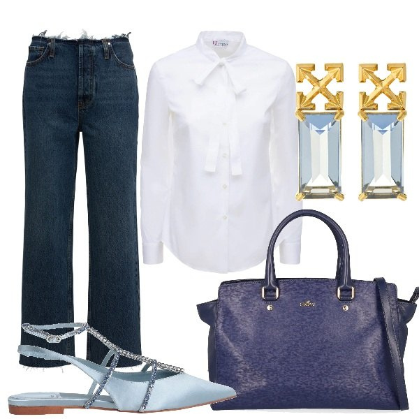 Outfit donna - Serata minimal. Stile Minimal per Serata fuori. Abbinamento con ballerine, borse a mano, jeans dritti, orecchini, camicie.