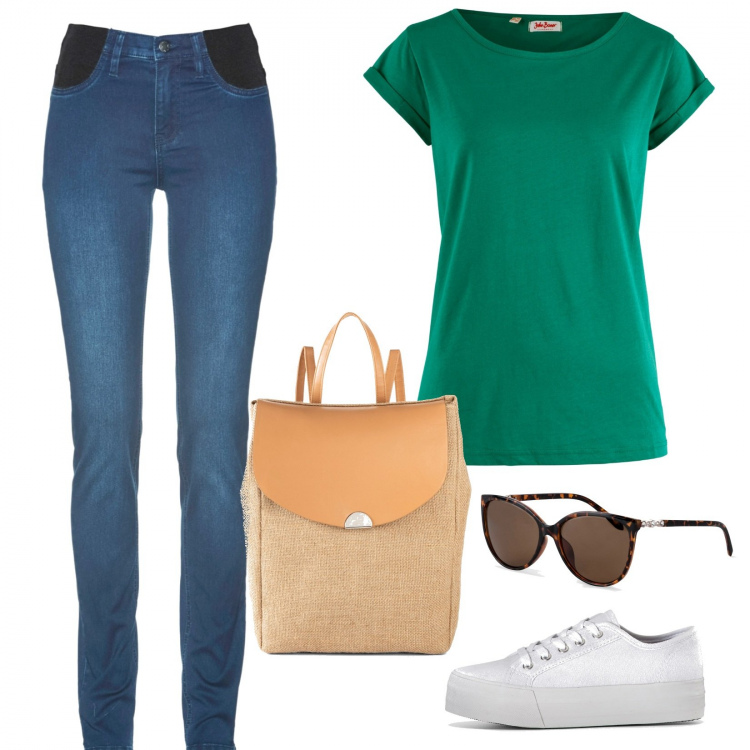 Outfit donna - Basico con stile. Stile Basic per Tutti i giorni. Abbinamento con jeans skinny, sneakers, maglieria, occhiali da sole, zaini.