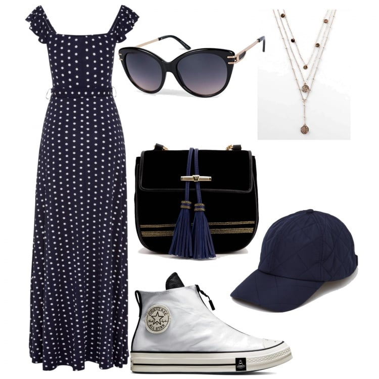 Outfit donna - Abito lungo casual e sneakers. Stile Casual per Scuola/Università. Abbinamento con vestiti lunghi, ciondoli, borse a tracolla, cappelli con visiera, sneakers, occhiali da sole.