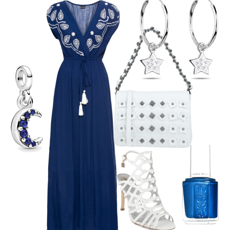 Outfit donna - In lungo. Stile Casual chic per Mare. Abbinamento con vestiti lunghi, borse a mano, sandali in pelle, smalti, orecchini, ciondoli.