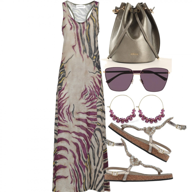 Outfit donna - Infradito gioiello. Stile Boho per Serata fuori. Abbinamento con infradito, vestiti senza maniche, borse a tracolla, occhiali da sole, orecchini.