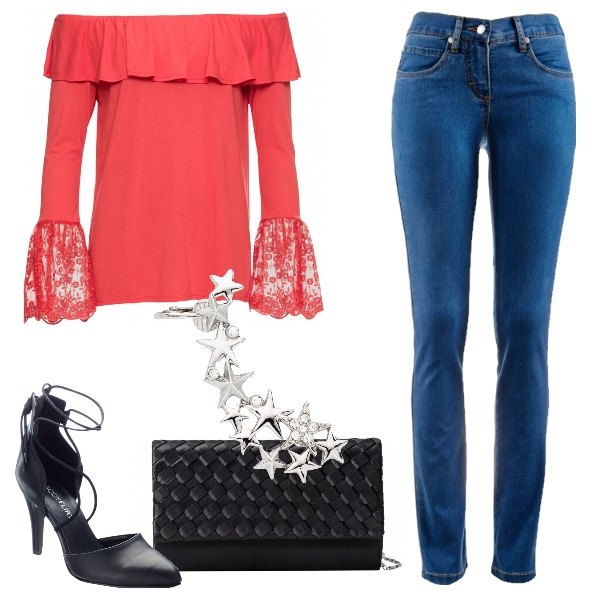Outfit donna - Curvy e trendy. Stile Trendy per Serata fuori. Abbinamento con jeans dritti, maglia forma svasata con volant e scollo con pizzo rosso, bluse, pochette effetto satinato interno foderato nero, décolleté pumps con lacci nero.