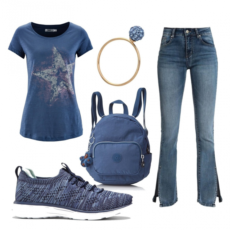 Outfit donna - Tourista in città. Stile Basic per Tutti i giorni. Abbinamento con sneakers, t-shirt, jeans a zampa, zaini, anelli.