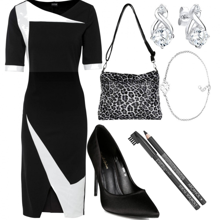 Outfit donna - Corsi educativi serali. Stile Chic per Ufficio. Abbinamento con vestiti a tubino, décolleté, borse a tracolla, braccialetti, orecchini, eyeliner.