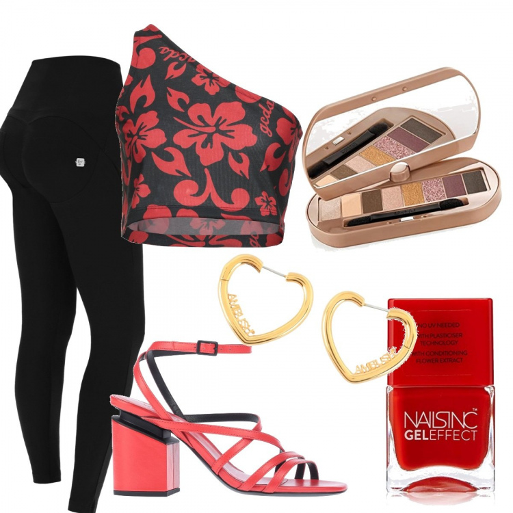 Outfit donna - Total look #1397718. Stile Trendy per Serata fuori. Abbinamento con orecchini, sandali in pelle, top, pantaloni skinny, ombretti, smalti.