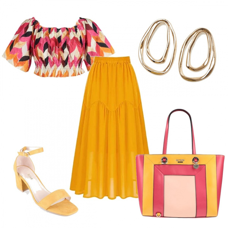 Outfit donna - Il crop top. Stile Glamour per Tutti i giorni. look ideale per Petite. Abbinamento con borse a mano, top, sandali in pelle, orecchini, gonne lunghe.