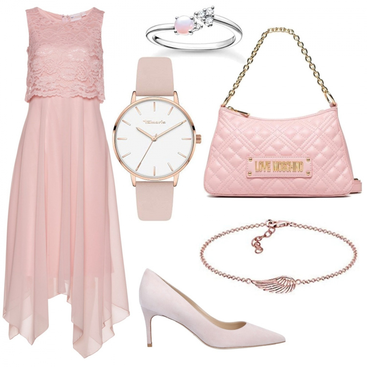Outfit donna - Cerimonia total pink. Stile Chic per Cerimonia. Abbinamento con vestiti midi/longuette, décolleté, borse a mano, braccialetti, orologi, anelli.