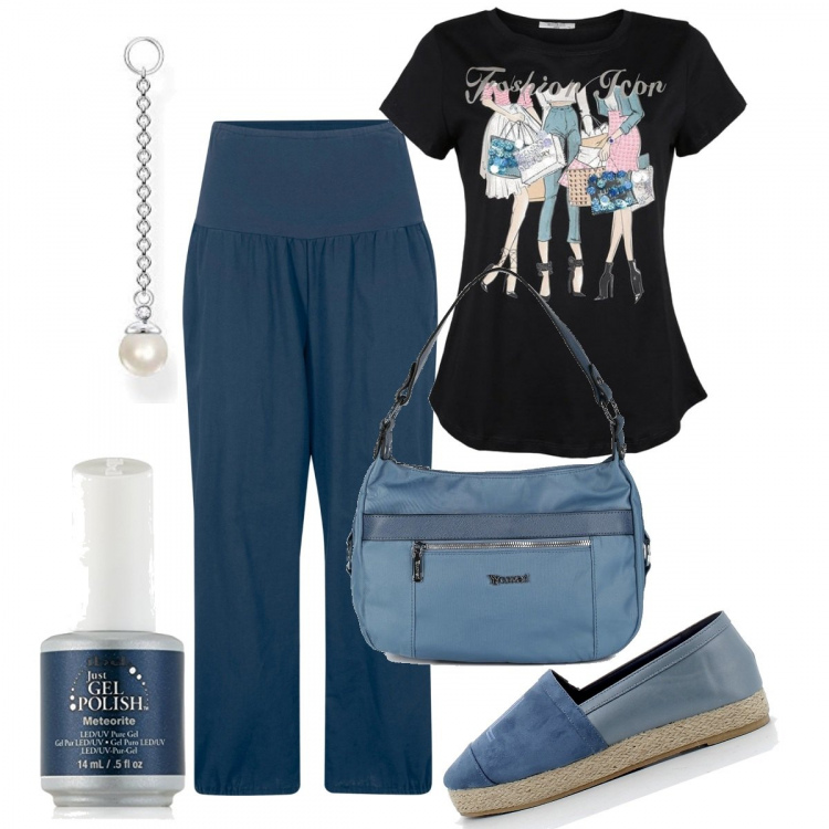 Outfit donna - Pantalone in lino. Stile Casual per Tutti i giorni. Abbinamento con pantaloni, t-shirt, borse a spalla, sneakers, smalti, orecchini.