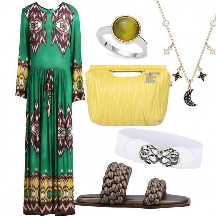 Outfit donna - Diva. Stile Boho per Serata fuori. Abbinamento con borse a mano, sandali in pelle, vestiti lunghi, cinture, collane, anelli.