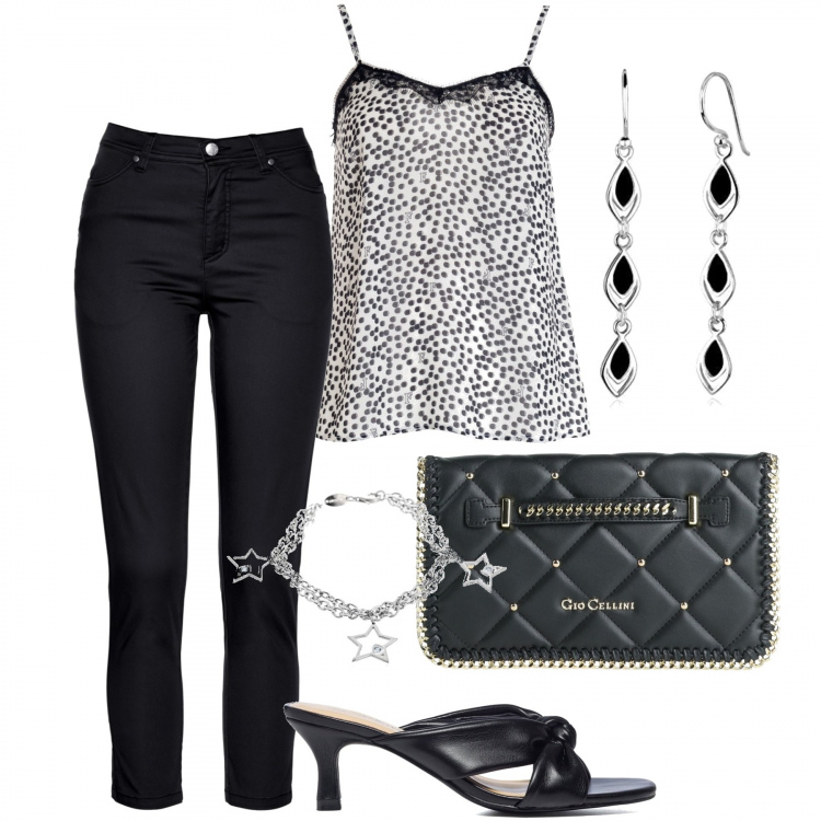 Outfit donna - In città. Stile Casual chic per Tutti i giorni. Abbinamento con pantaloni, borse a mano, top, sandali in pelle, orecchini, braccialetti.