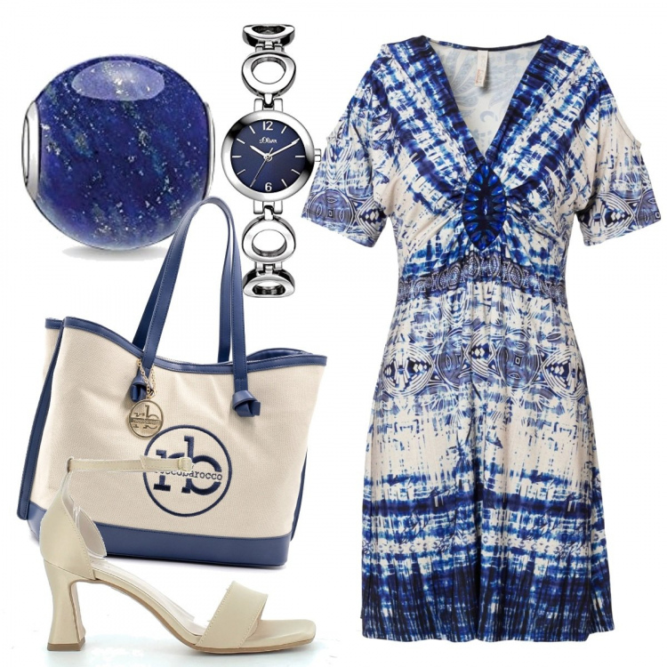 Outfit donna - Etnico e Bon Ton #6442. Stile Etnico per Ufficio. Abbinamento con sneakers, shopping bag, sandali col tacco, orologi, ciondoli.