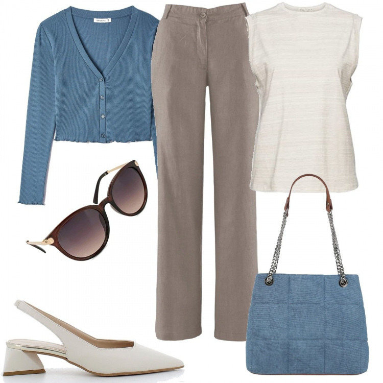 Outfit donna - Settembre si avvicina. Stile Minimal per Tutti i giorni. Abbinamento con pantaloni, borse a spalla, t-shirt, sandali in pelle, t-shirt, occhiali da sole.
