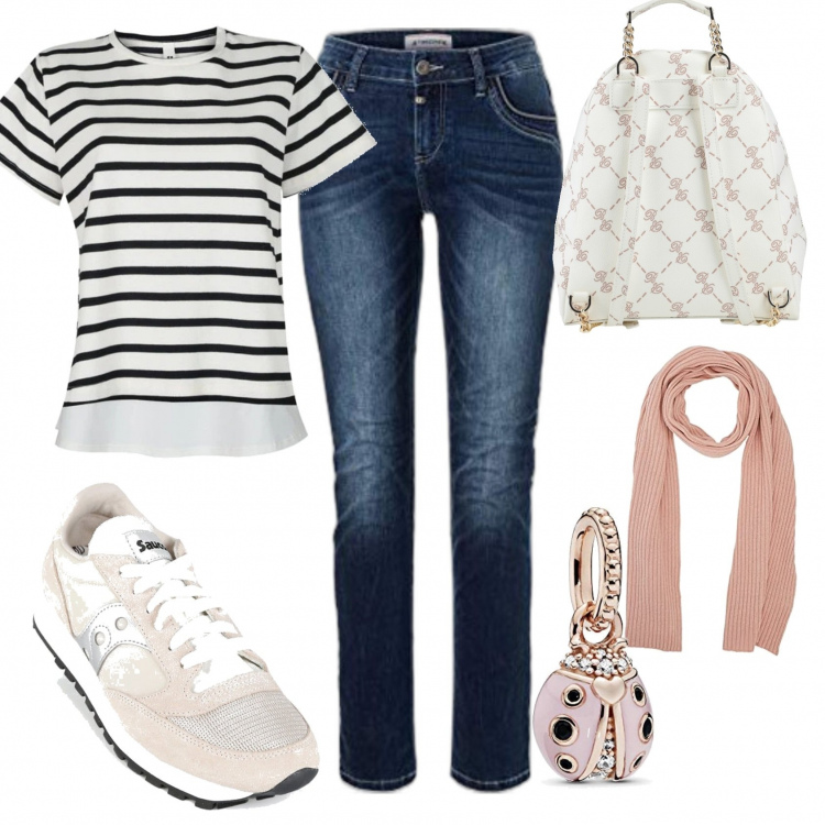 Outfit donna - Easy. Stile Basic per Tutti i giorni. Abbinamento con zaini, sneakers, t-shirt, jeans slim fit, ciondoli, sciarpe.