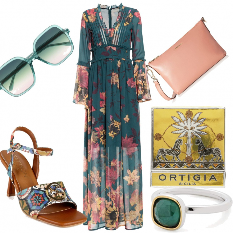 Outfit donna - Syracuse. Stile Vintage retrò per Serata fuori. Abbinamento con sandali in pelle, vestiti lunghi, occhiali da sole, anelli, profumi, pochette.