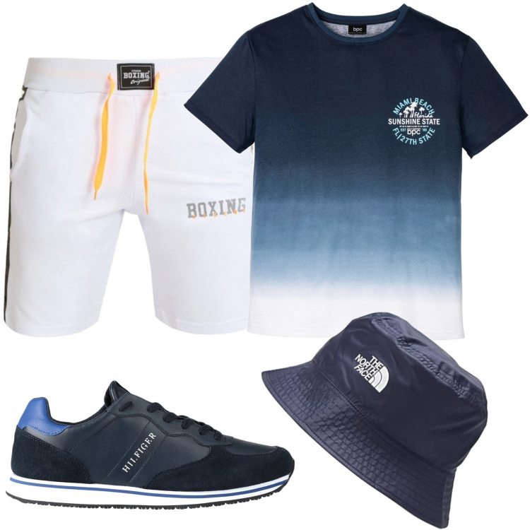 Outfit uomo - Deep summer blu. Stile Casual per Mare. Abbinamento con t-shirt, sneakers, bermuda, cappelli.